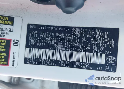 2016 Toyota Corolla Le z USA, uszkodzony, nr VIN 2T1BURHE4GC738580